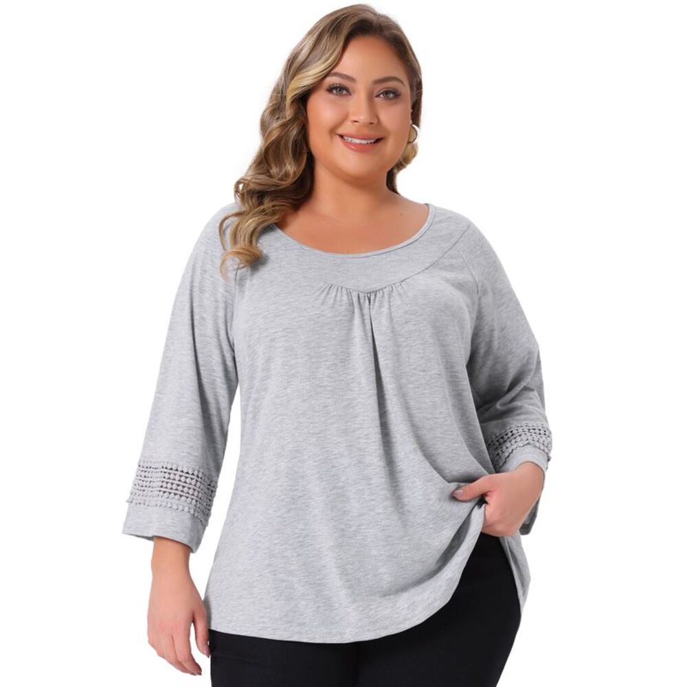 Plus Size Crochet Panel Kimono Raglan Sleeves Tops Gray